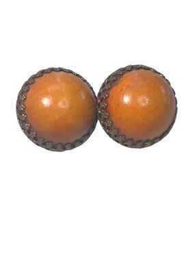 Vintage 60s Clip On Wood Cabochon Earrings Retro Unique